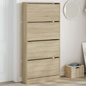 Lowell Shoe Storage Cabinet With 4 Flip-Drawers In Sonoma Oak