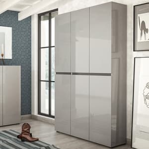 Maestro High Gloss Shoe Cabinet Tall 6 Doors 20 Shelves In Grey