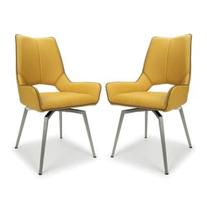 Mosul Swivel Leather Effect Yellow Dining Chairs In Pair