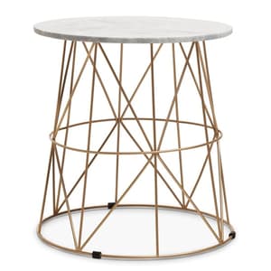 Mania Round White Marble Top Side Table With Gold Base