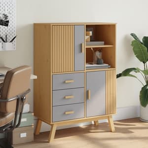 Matlock Wooden Highboard With 3 Drawers In Grey And Brown