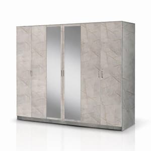 Mayon Mirrored Wooden 6 Doors Wardrobe In Grey Marble Effect