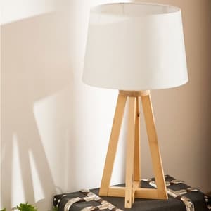 Medan White Fabric Shade Table Lamp With Wooden Base