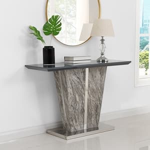 Melange Marble Effect Glass Top High Gloss Console Table In Grey