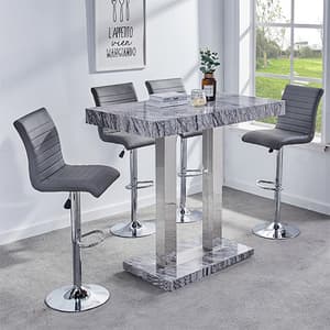 Melange Marble Effect Bar Table With 4 Ripple Grey Stools