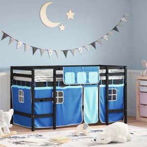 Messina Kids Pinewood Loft Bed In Black With Blue Curtains