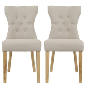 Nipas Beige Fabric Dining Chairs With Wooden Legs In Pair