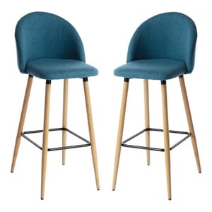Nissan Blue Fabric Bar Stools With Wooden Legs In Pair