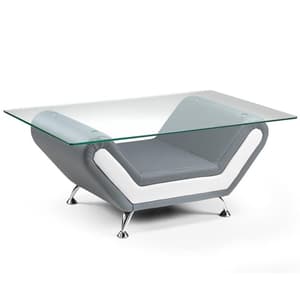 Nonoil Glass Coffee Table With White Grey Faux Leather Base