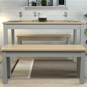 Onia Wooden Dining Table With 2 Benches In Grey And Oak