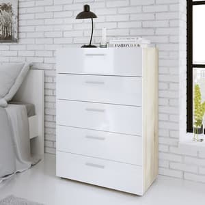 Perkin Wooden Chest Of Drawers In Oak And White Gloss 5 Drawers