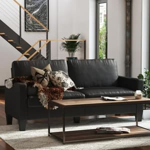Riga Faux Leather 2 Seater Sofa In Black With Wood Pyramid Legs