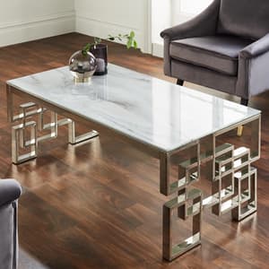 Salina Marble Effect Glass Coffee Table With Silver Frame