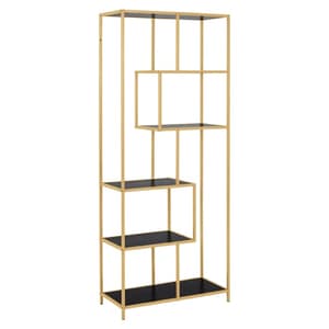 Salvo Wooden Bookcase 5 Shelves In Ash Black With Gold Frame
