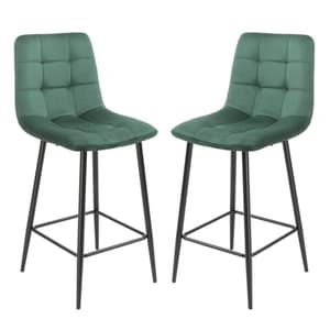 Sandy Squared Green Velvet Bar Chairs In Pair