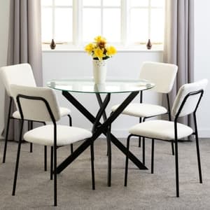 Sanur Clear Glass Dining Table Round With 4 Ivory Fabric Chairs