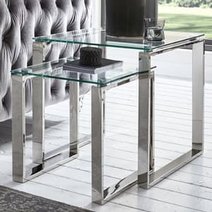 Sioux Clear Glass Nest Of 2 Tables With Stainless Steel Legs