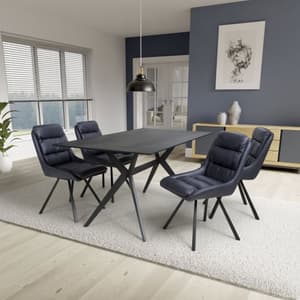 Tarsus 1.6m Black Dining Table With 4 Addis Midnight Blue Chairs