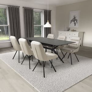 Tarsus Extending Black Dining Table With 6 Addis Cream Chairs