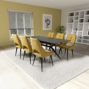 Tarsus Extending Black Dining Table With 6 Lorain Yellow Chairs