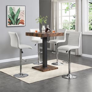 Topaz Rustic Oak Wooden Bar Table With 4 Ripple White Stools