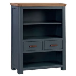 Trevino Low Wooden Bookcase In Midnight Blue And Oak
