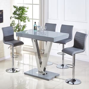Vienna Grey High Gloss Bar Table With 4 Ripple Grey Stools