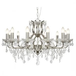 Satin Silver 12 Light Chandelier In Clear Crystal Drops