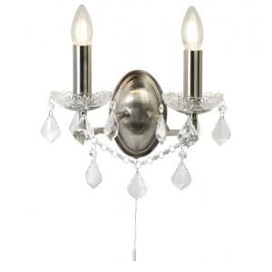 Double Light Wall Bracket In Clear Crystal Drops And Trim Satin - UK
