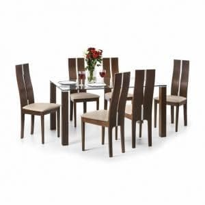 Calandra Glass Dining Table In Clear And Walnut With 6 Chairs
