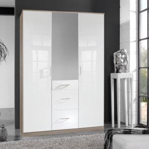 Alton Mirror Wardrobe In High Gloss White And Oak With 3 Doors