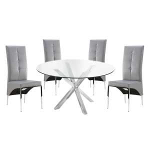 Crossley Round Glass Dining Table With 4 Vesta Grey Chairs