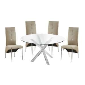 Crossley Round Glass Dining Table With 4 Vesta Taupe Chairs - UK