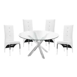 Crossley Round Glass Dining Table With 4 Vesta White Chairs