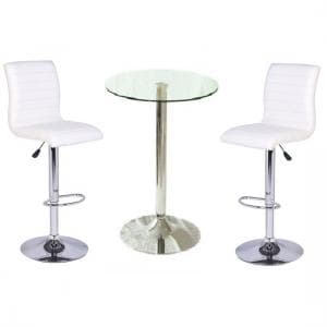Gino Clear Glass Bar Table With 2 Ripple White Stools