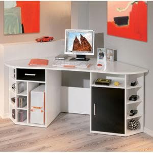 Fabri Wooden Corner Computer Desk In White With Black Door