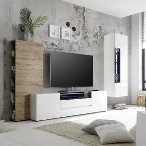Genie Living Room Set 3 In White High Gloss And Oak With LED