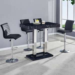 Milano Marble Effect Gloss Bar Table With 4 Ripple Black Stools