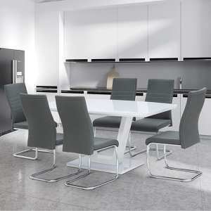 Samson Glass Dining Table In White High Gloss 6 Grey Chairs - UK