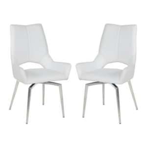 Scissett Swivel White Faux Leather Dining Chairs In Pair - UK