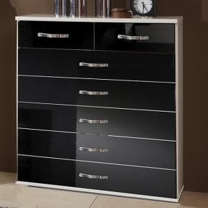 Luton Wide Chest of Drawers In High Gloss Black Alpine White
