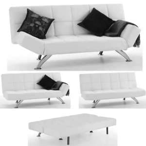 Venice Faux Leather Sofa Bed In White With Chrome Metal Legs - UK