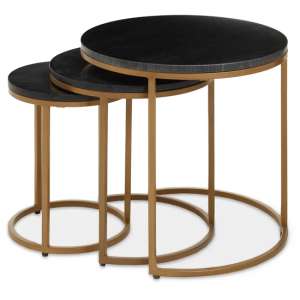 Viano Round Black Marble Nest Of 3 Tables With Gold Base