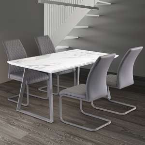 Wivola Marble Effect Dining Table With 4 Huskon Grey Chairs