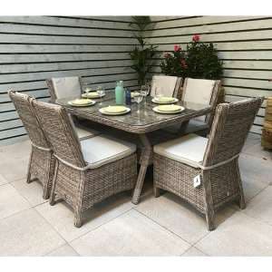 Abobo 150cm Glass Dining Table With 6 Armless Chairs In Grey - UK