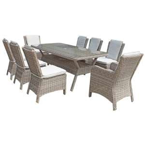 Abobo 200cm Glass Dining Table With 8 Armless Chairs In Grey - UK