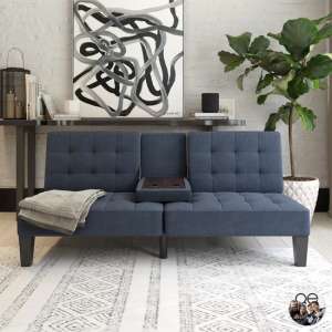 Adel Convertible Futon Linen Fabric Sofa Bed In Blue - UK