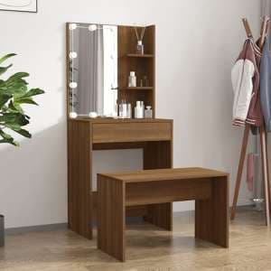 Adhra Wooden Dressing Table Set In Brown Oak With LED Lights