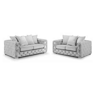Ahern Plush Velvet 3 Seater And 2 Seater Sofa Suite In Silver - UK