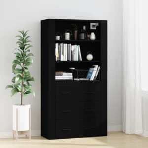 Ailie Wooden Highboard With 3 Drawers 2 Shelves In Black - UK